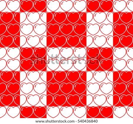 Vector. Seamless pattern with red hearts on a white background for decoration, design, business, greeting cards, print. Template for design textile, backgrounds, wrappers, package