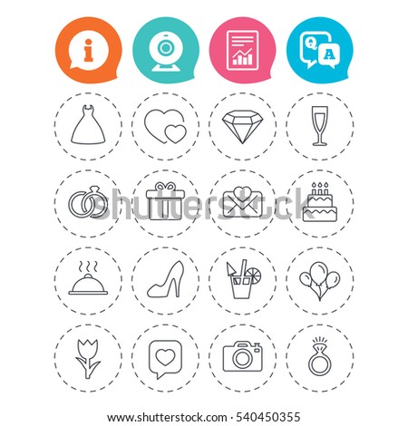 Wedding and party icons. Dress, diamond and rings. Gift box, invitatiom letter and rose flower. Speech bubble with heart and photo camera. Information, question and answer icons. Vector