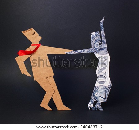 Paper man is a successful businessman dancing with a woman made of dollar on a dark background