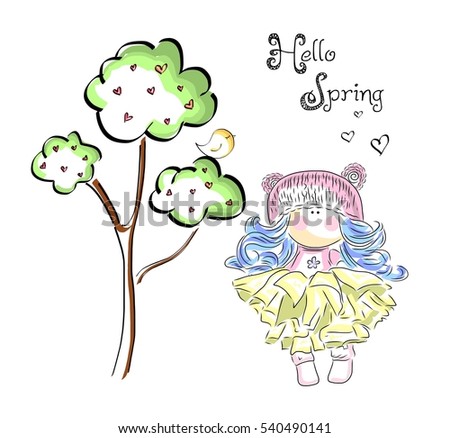 Cute girl under tree with bird. Hello spring illustration.