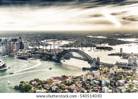Harbour Bridge view from helicopter, Sydney, Australia.