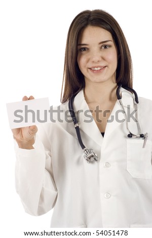 Friendly doctor with a  blank card, isolated over white background
