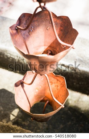 Vintage metallic bells used for rain waters way-out in zen garden, stock photo