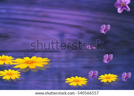 Yellow flowers bloom on a blue background.