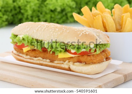 Chickenburger chicken burger hamburger with fries tomatoes lettuce cheese unhealthy