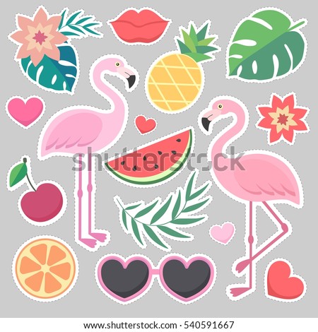 Vector stickers : palm leaves, flamingos, sunglasses, watermelon, hearts, lips.