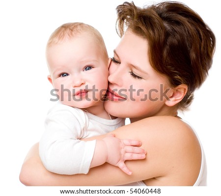 Young mummy and her kid on a white background