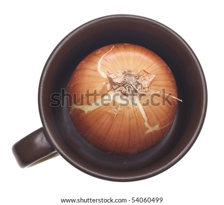 Onion Soup Deconstructed, Onion in a Soup Mug.  Isolated on White with a Clipping Path.