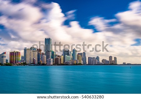 Miami, Florida, USA skyline on Biscayne Bay.
