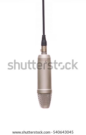 A Condencer Mic Hanging In Studio Isolated On White