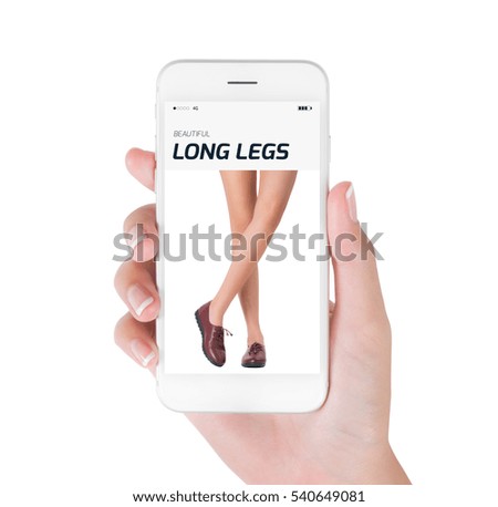 Woman using smart phone searching beautiful long legs posing and wearing a new trendy red leather shoes, fashion of profile view, Fashion and accessories concept, isolated white background.