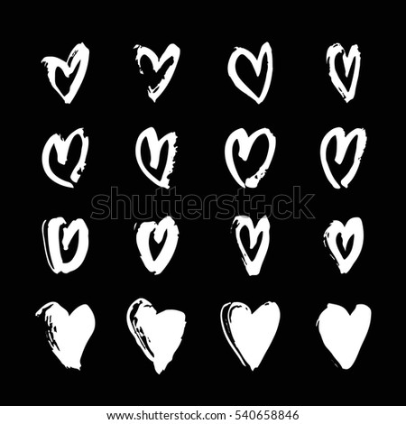 Set of hand drawn paint object for design use. Black and white background. Abstract brush drawing. Vector art illustration grunge hearts