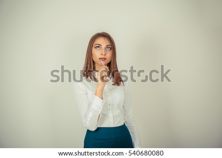 Pondering, planning. Closeup portrait of young woman thinking daydreaming deeply about something looking up isolated on white green background. Human facial expressions emotions feelings signs symbols