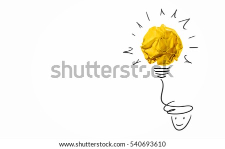 Idea with yellow crumpled paper ball ( lightbulb ) and businessman.Creative concept.