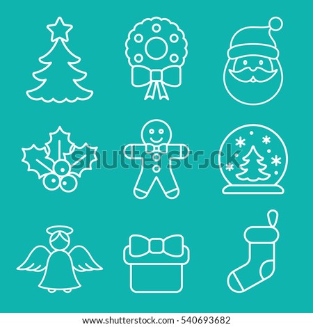 christmas xmas new year winter celebration decoration symbol line white on blue icons set