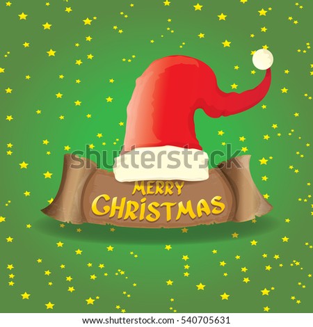 vector red Santa hat on stars background with paper banner and greeting text Merry Christmas. vector merry christmas card, banner design template or xmas background. vector illustration