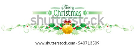 Merry Christmas, Happy new Year horizontal border banner, holly berry, world map ball. Text lettering logo. Isolated, white background. Abstract xmas poster, greeting card design. Vector illustration