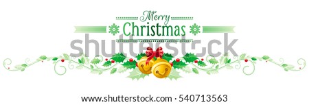 Merry Christmas, Happy new Year horizontal border banner, holly berry, jingle bells. Text lettering logo. Isolated, white background. Abstract xmas poster, greeting card design. Vector illustration.