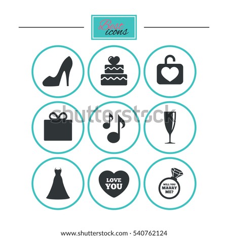 Wedding, engagement icons. Cake with heart, gift box and brilliant signs. Dress, shoes and musical notes symbols. Round flat buttons with icons. Vector