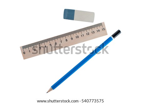stationery - ruler, an eraser and a pencil are isolated on a white background.