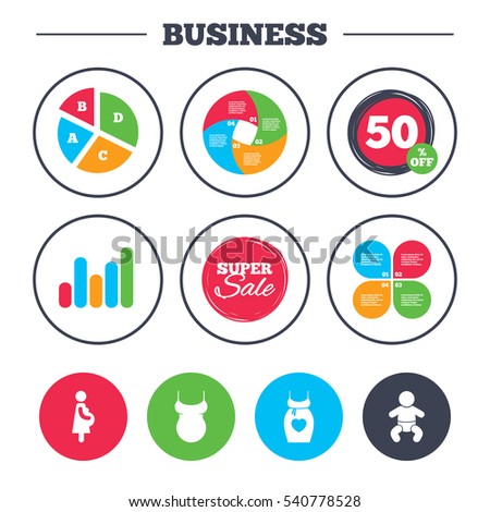 Business pie chart. Growth graph. Maternity icons. Baby infant, pregnancy and shirt signs. Dress with heart symbol. Super sale and discount buttons. Vector
