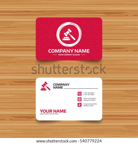 Business card template with texture. Auction hammer icon. Law judge gavel symbol. Phone, web and location icons. Visiting card  Vector