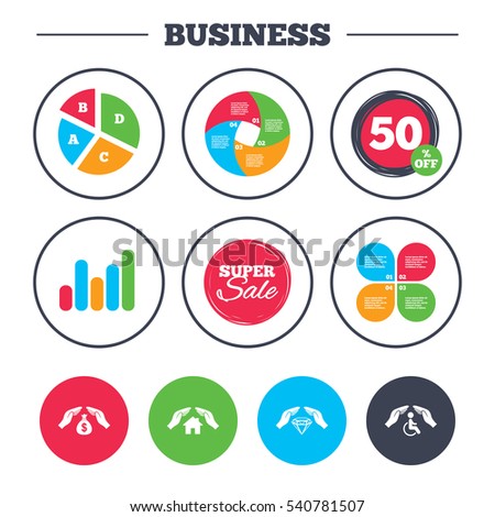 Business pie chart. Growth graph. Hands insurance icons. Money bag savings insurance symbols. Disabled human help symbol. House property insurance sign. Super sale and discount buttons. Vector