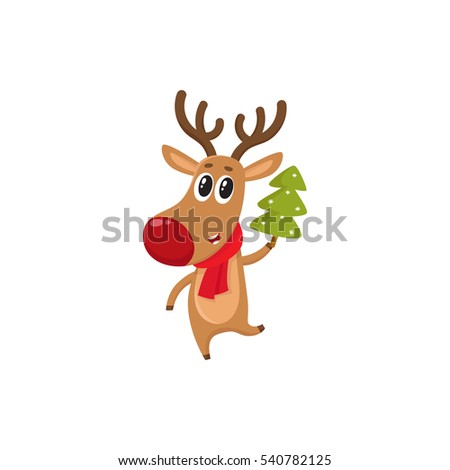 Funny reindeer in red scarf holding a Christmas tree, cartoon vector illustration isolated on white background. Red nosed deer in red scarf with Christmas tree, holiday decoration element