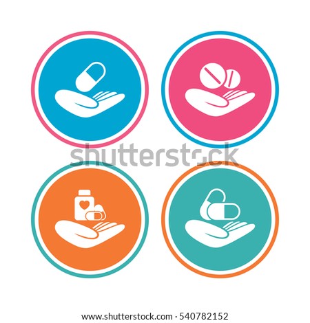 Helping hands icons. Medical health insurance symbols. Drugs pills bottle signs. Medicine tablets. Colored circle buttons. Vector