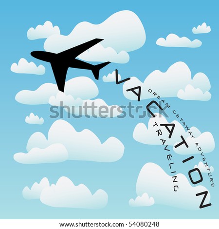 Vacation illustration with a silhouette of a commercial airplane taking off into the clouds.