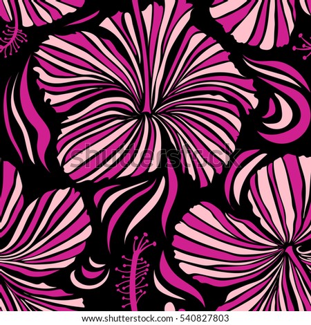 Vector seamless pattern. Best creative design for poster, flyer, print. Aloha T-Shirt design. Aloha Hawaii, Luau Party invitation on a black background with hibiscus flowers in pink and magenta colors