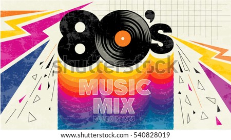 80's music mix. Retro style 80s disco design neon. 80's party, 80 s fashion, 80s background, 80s graphic, 80s style, light disco party 1980, club vintage, dance night. Easy editable for Your design. Royalty-Free Stock Photo #540828019