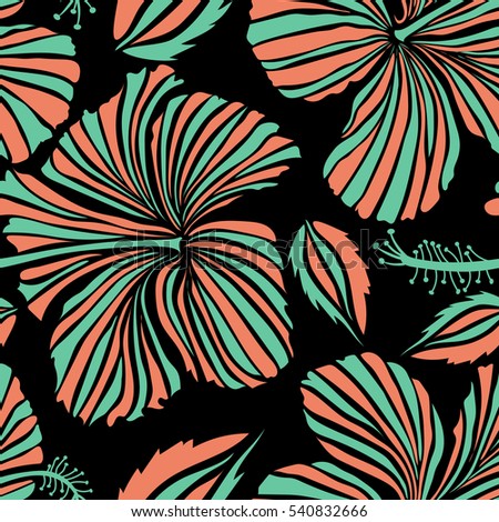 Vector hand drawn painting of hibiscus flowers in green and orange colors. Seamless pattern on black background.