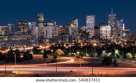 DENVER,CO - OCTOBER 7: Denver night skyline from across the South Platte River