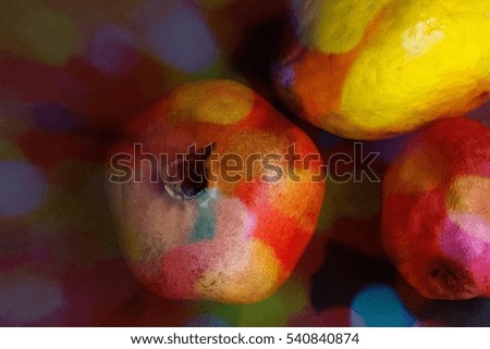 Arranged delicious exotic fruits still life on dark background. Tropical pomegranate and papaya composing, selective focus, fruit business cooking concept, magazines receipes. Image with filter effect