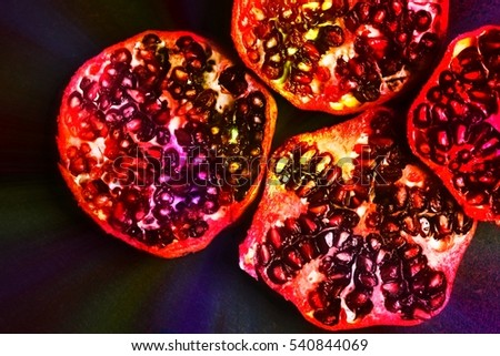 Antioxidant exotic pomegranate fruit with seeds. Close-up of red sliced punica granatum fruit for healthy snack or diet, for food business concept cooking blog receipes. Image with color filter effect