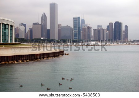 A picture of the Chicago skyline with the aquarium in the foreground