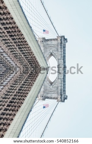 Abstract detail of Manhattan Bridge in New York City United States America. Famous suspension bridge in NYC USA, connects Manhattan and Brooklyn spanning East River. Image with symmetry filter effect