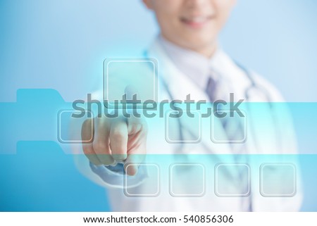 Doctor hand touching virtual screen, healthcare and medical concept