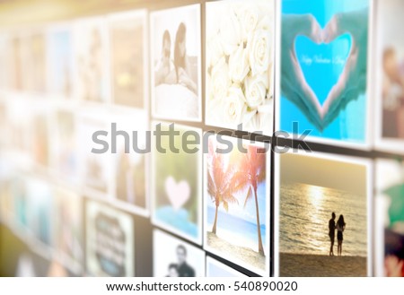 Colorful pictures of husband wife or boyfriend girlfriend magnets on the black board or wall. Photo of happy couple enjoy vacation times with good memories, Valentines day Concept. Focus on palm tree.