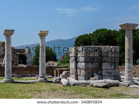 ANCIENT RUINS IN EPHESUS, TURKEY WITH  A STORK AND MOUNTAINS IN BACKGROUND.