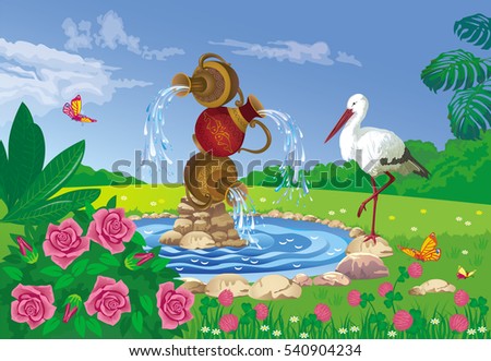Vector illustration of beautiful summer landscape with a fountain of the three jugs and the stork