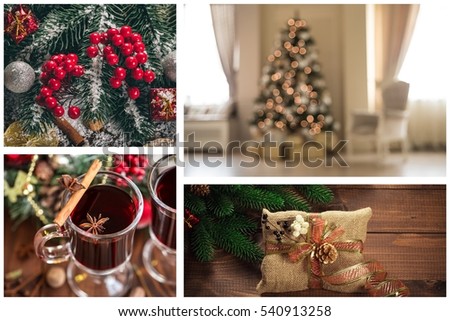 Collage with photo of decorated Christmas trees, decor, gifts and winter spices. New Year background