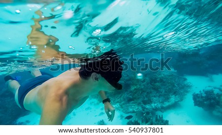 Handsome man is taking self picture while driving and exploring underwater life in the deep ocean. He's wearing black goggles and swimwear. Around him are beautiful fishes and underwater scenes.