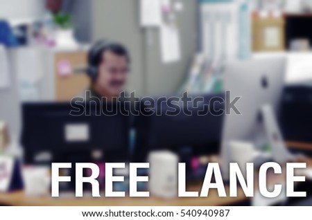 Office worker freelance in design studio happy face blur for background, text message layout design