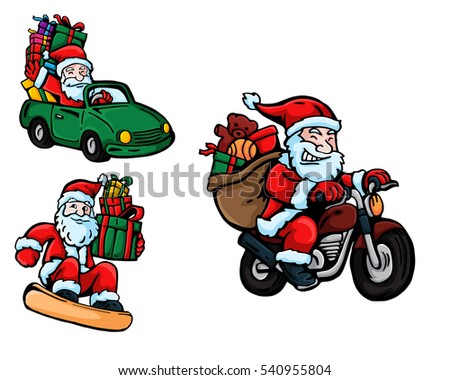 Cute Merry Christmas Santa Claus Delivering Gift Character Set