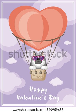 Greeting card happy Valentine's day. Funny animal flying in a hot air balloon.