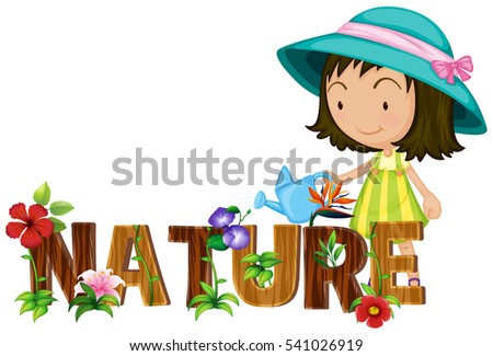Nature theme with girl watering flowers illustration