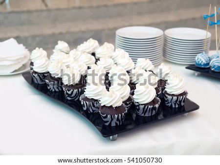 Food: dark brownies with white cream are on the tray, standing on a table