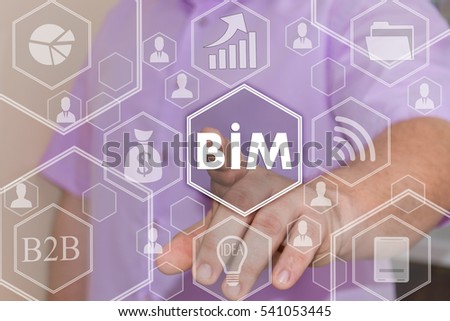 Businessman push button icon, BIM, building information modeling on the touch screen in the web network . 